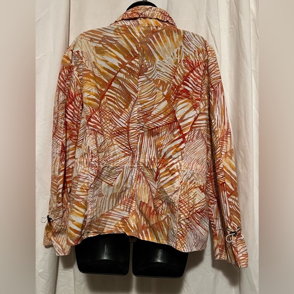 Chico's Orange Leaf Print Cotton Blend Jacket, Zip Front, Size 3 (L) - Picture 2 of 5